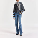 ESSENTIEL ANTWERP Kantelou Layered Polo Sweatshirt with Striped Sleeves in Blue/Brown/Dark Grey