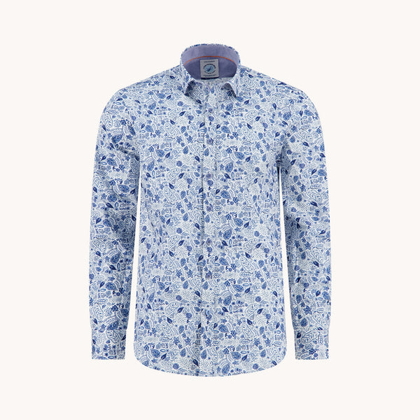 A FISH NAMED FRED Flower Lines Shirt in Cobalt