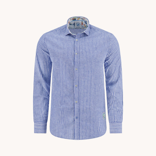 A FISH NAMED FRED Linen Stripe Shirt in Cobalt