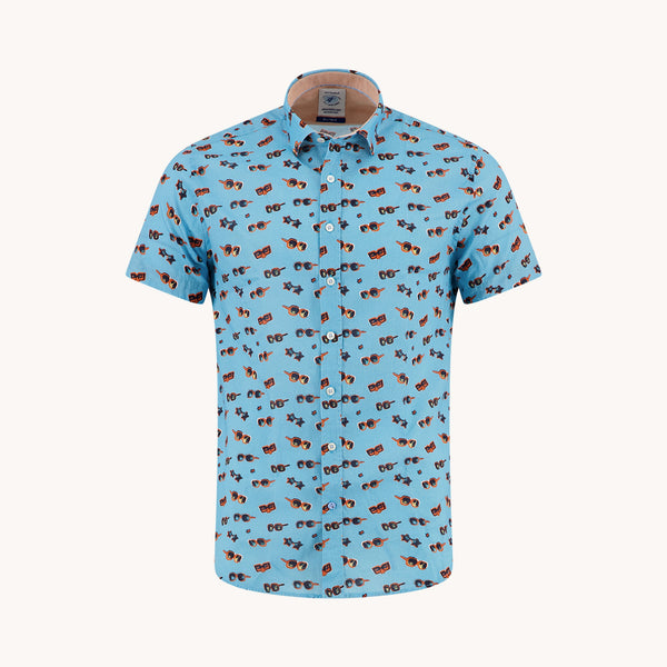 A FISH NAMED FRED Short Sleeve Sunglasses Shirt in Aqua Blue