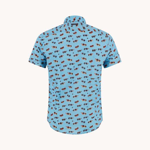A FISH NAMED FRED Short Sleeve Sunglasses Shirt in Aqua Blue