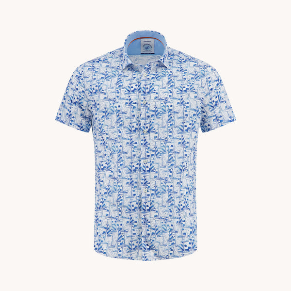 A FISH NAMED FRED Short Sleeve Sailing Boats Shirt in Light Blue