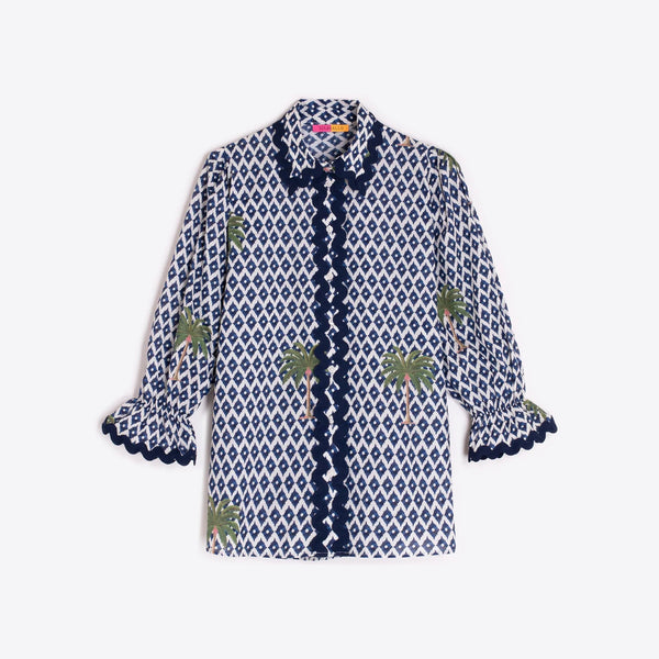 VILAGALLO Ikat Print and Palm Trees Shirt in Blue
