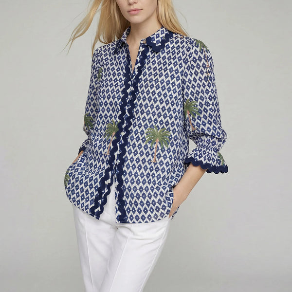 VILAGALLO Ikat Print and Palm Trees Shirt in Blue