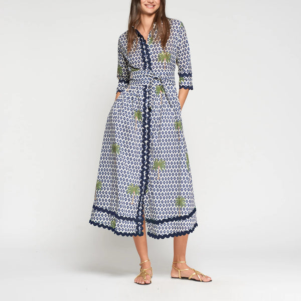 VILAGALLO Ikat Print and Palm Trees Dress in Blue