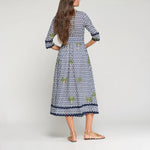VILAGALLO Ikat Print and Palm Trees Dress in Blue