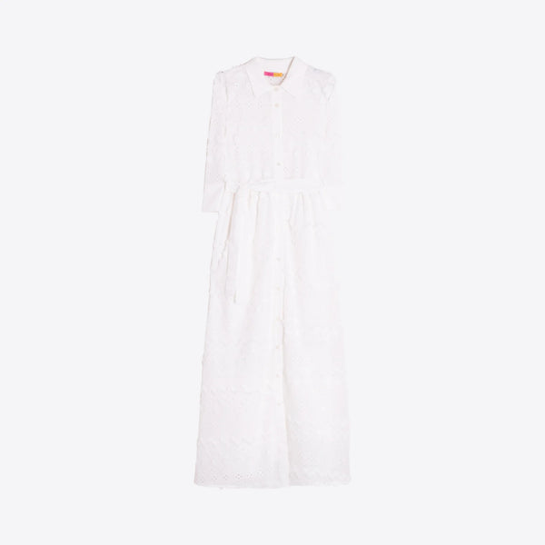 VILAGALLO Broderie Fringe Dress in White