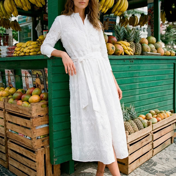 VILAGALLO Broderie Fringe Dress in White
