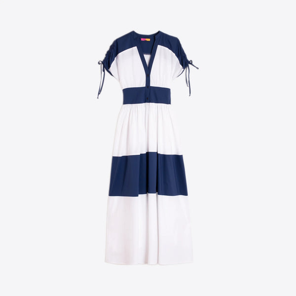 VILAGALLO Two Tone Maxi Dress in White/Navy