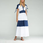 VILAGALLO Two Tone Maxi Dress in White/Navy