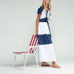 VILAGALLO Two Tone Maxi Dress in White/Navy