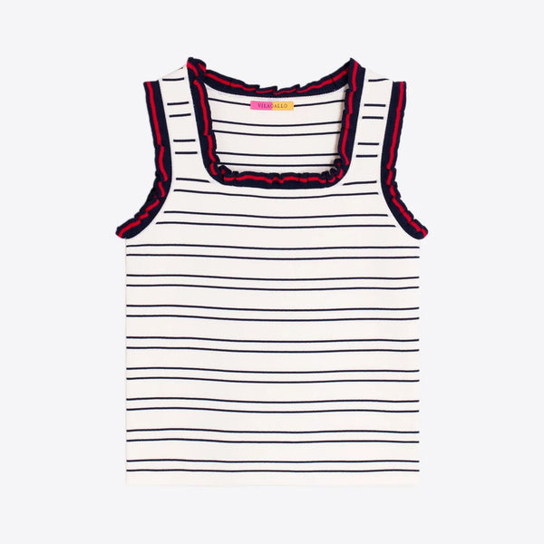 VILAGALLO Frilled Edge Striped Tank Top in Cream
