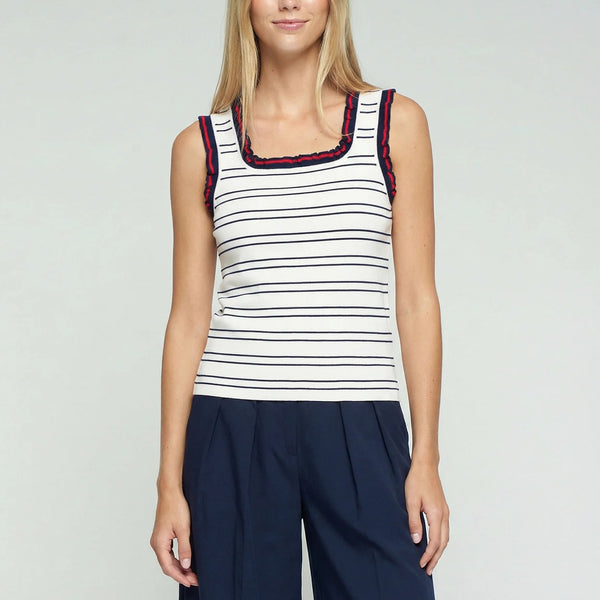 VILAGALLO Frilled Edge Striped Tank Top in Cream