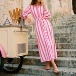 VILAGALLO Alejandra Stripe Dress in Pink