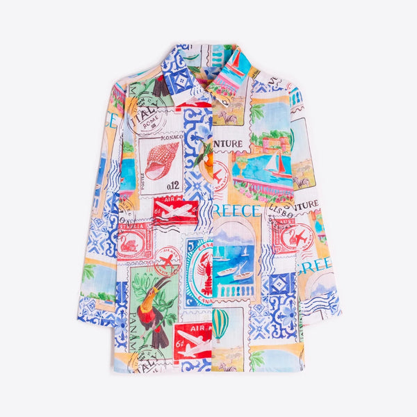 VILAGALLO Travel Stamp Print Shirt in Multi