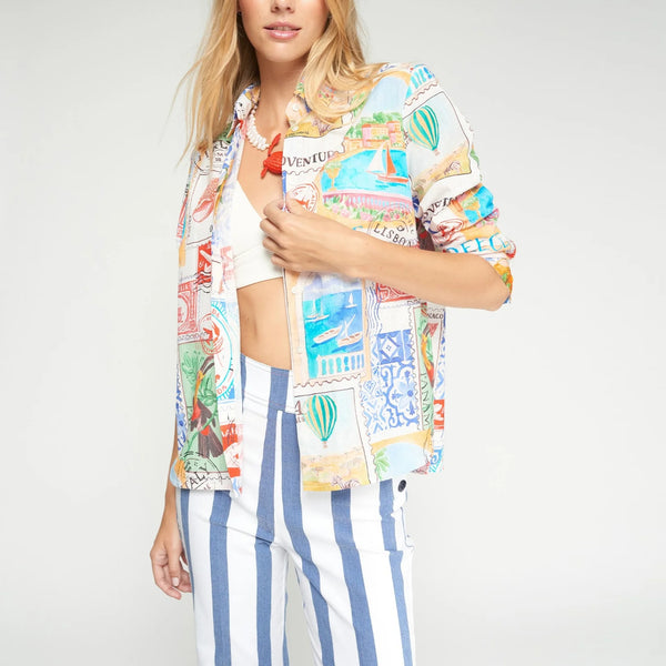 VILAGALLO Travel Stamp Print Shirt in Multi