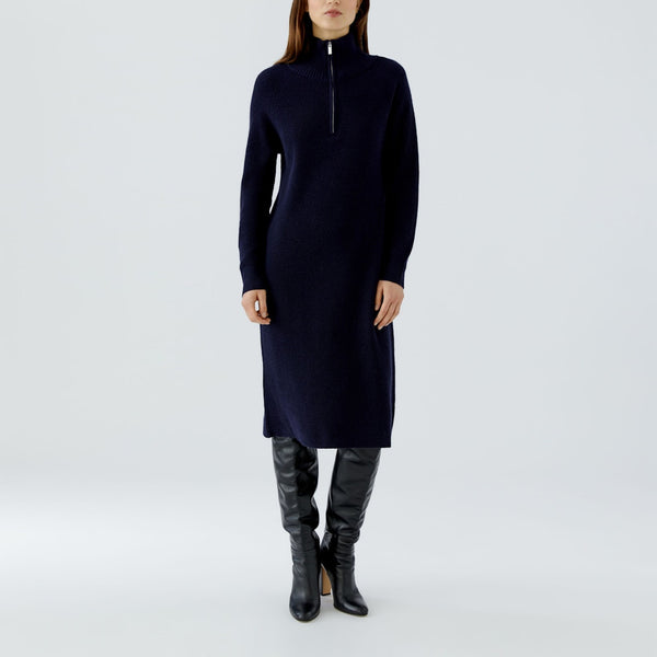 OUI Quarter Zip Funnel Neck Midi Dress in Dark Blue