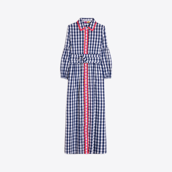 VILAGALLO Gingham Plaid Dress with Floral Trim in Navy