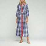 VILAGALLO Gingham Plaid Dress with Floral Trim in Navy