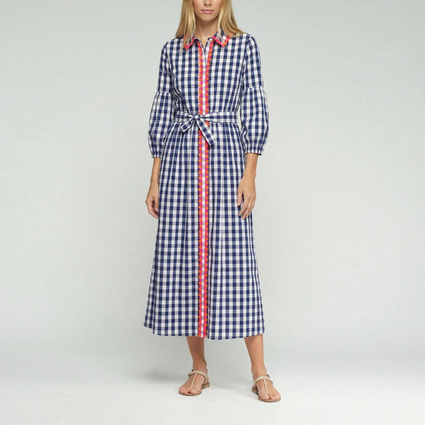 VILAGALLO Gingham Plaid Dress with Floral Trim in Navy