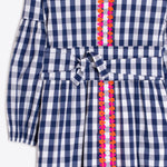 VILAGALLO Gingham Plaid Dress with Floral Trim in Navy