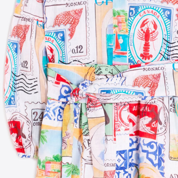 VILAGALLO Travel Stamp Print Dress in Multi