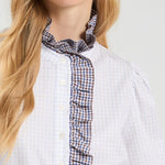 VILAGALLO Small Check Frill Shirt in White/Navy