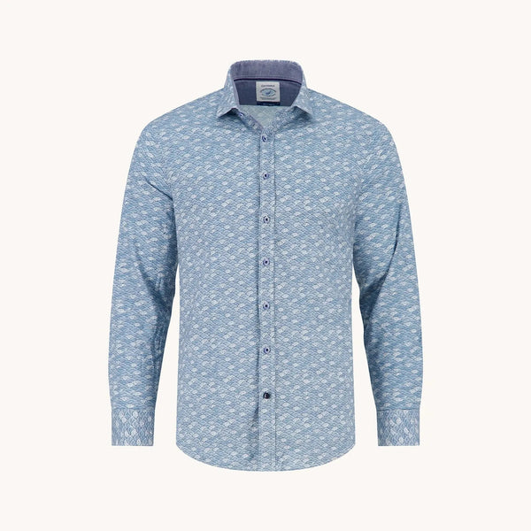 A FISH NAMED FRED Sea Pattern Shirt in Off White/Blue