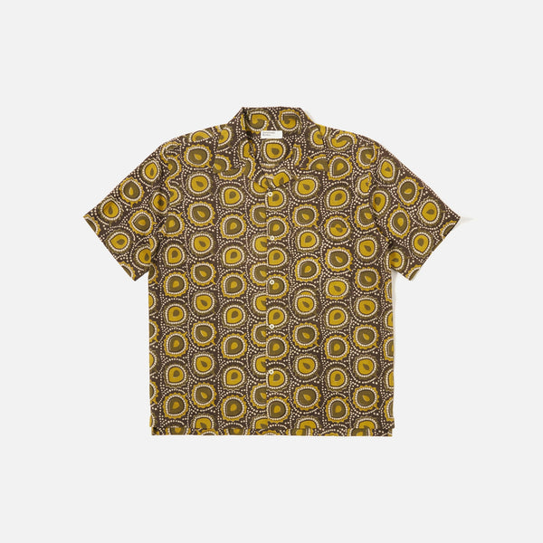 UNIVERSAL WORKS Camp Cape Block Print Shirt in Olive