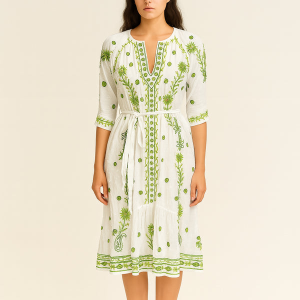 HANDPRINT DREAM APPAREL Grace Dress in White/Green