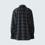 OUI Long Check Tie Neck Blouse in Dark Blue/Camel