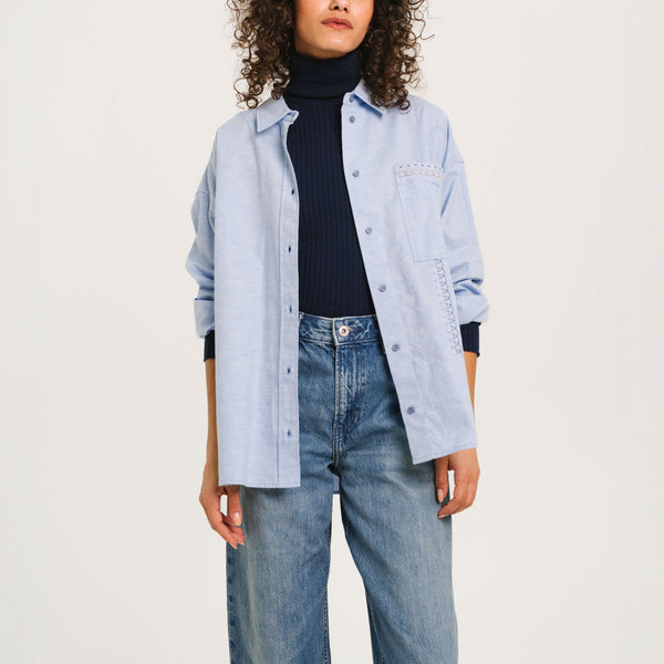 SACRECOEUR Bayle Sky Embroidered Brushed Cotton Shirt in Blue