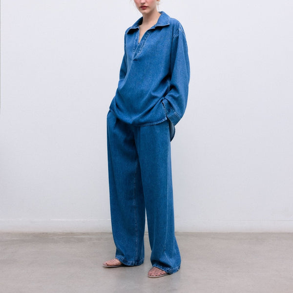 THE NEW SOCIETY TNS Tencel Trousers in Mid Denim