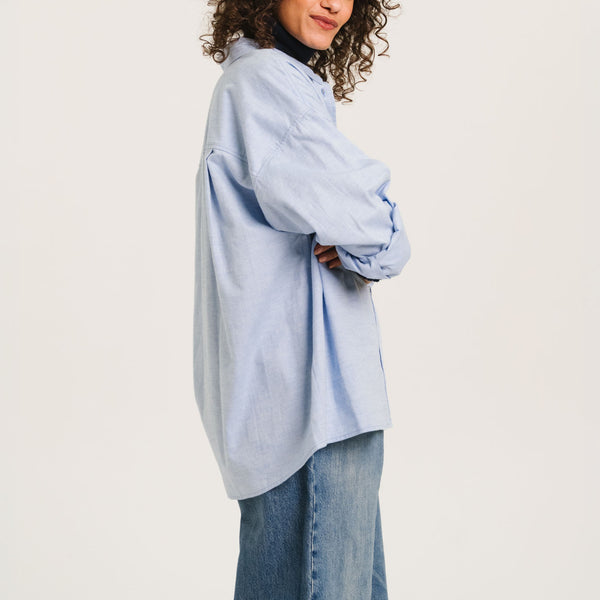 SACRECOEUR Bayle Sky Embroidered Brushed Cotton Shirt in Blue