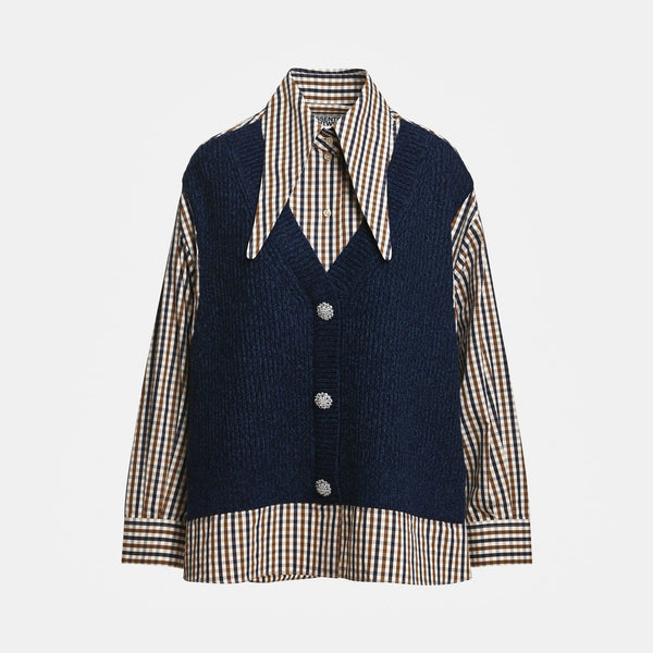 ESSENTIEL ANTWERP Kute Layered Knitted Vest Shirt in Blue/Brown/White