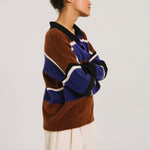 TINSELS Winner 1/2 Button Up Stripe Jumper in Brown