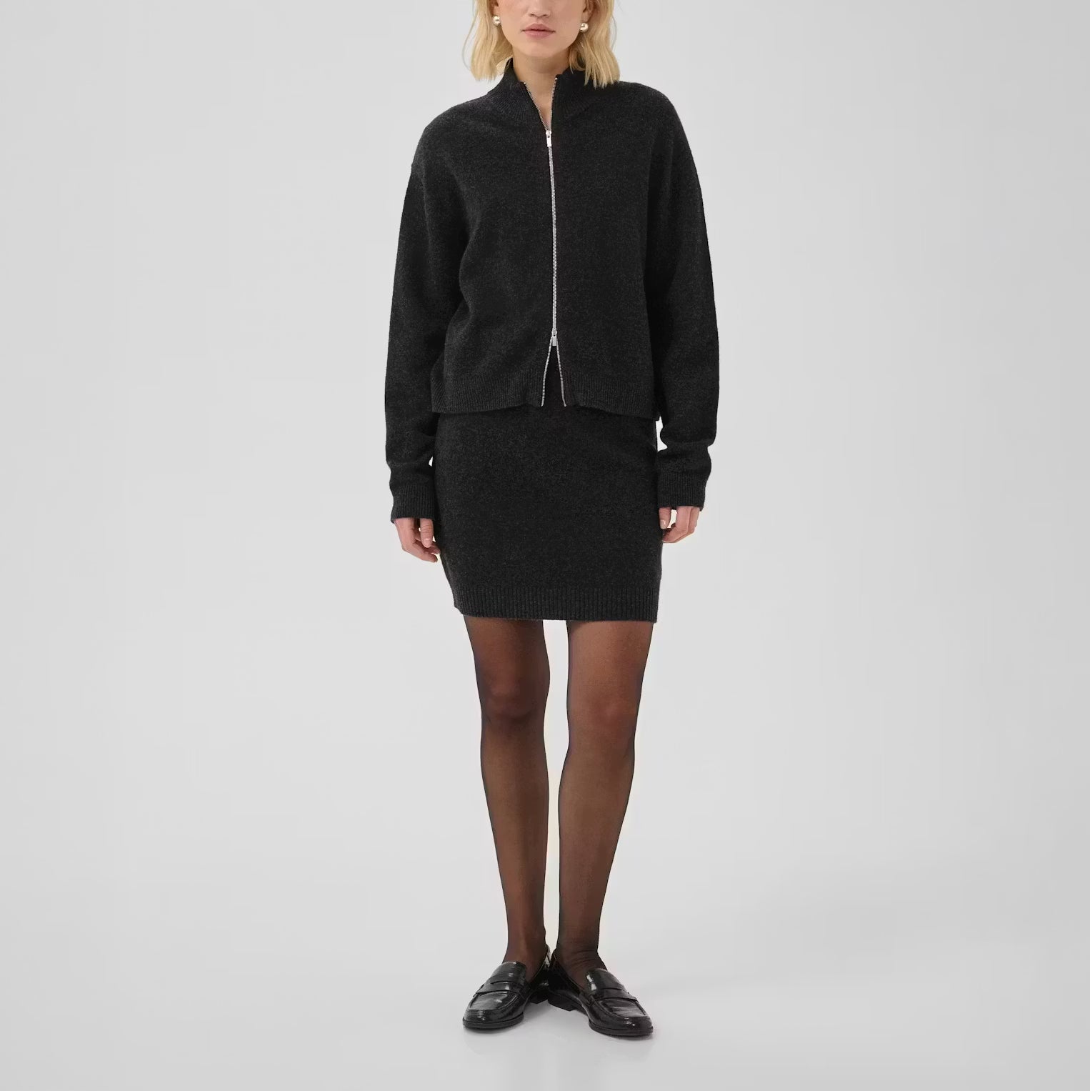 MY ESSENTIAL WARDROBE MWTracy Wool Knit Zip Cardigan in Dark Grey Melange