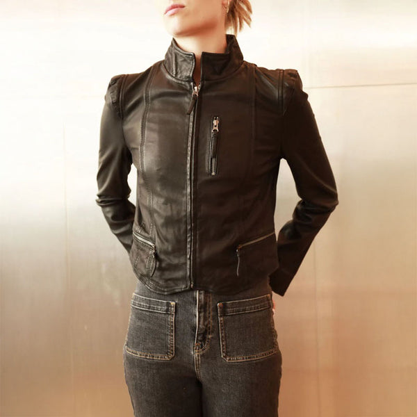 STUDIO KIN Helena Cropped Leather Jacket in Black