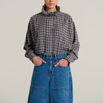 V DE VINSTER Pablo Stripe Ruffle Neck Blouse in Tartan Blue