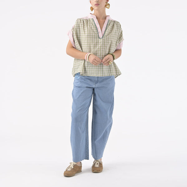 ORFEO Nah Short Sleeve Blouse in Pink Check