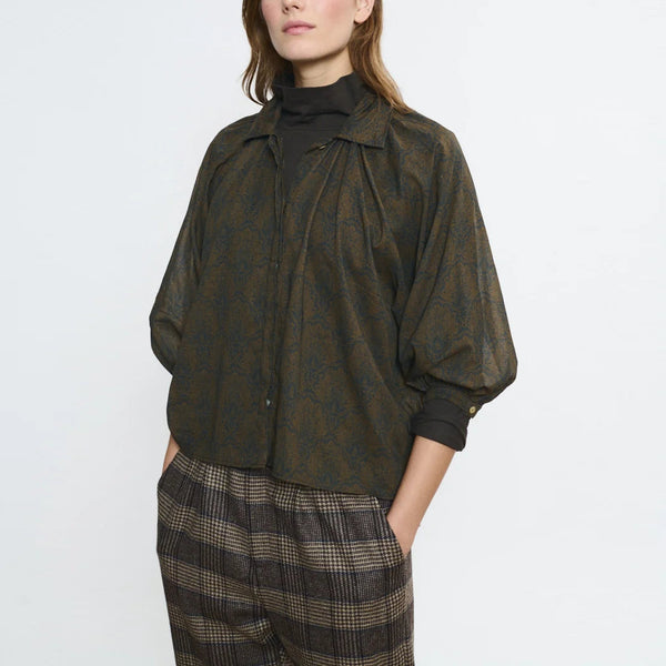 BEATRIZ FUREST Raya Paisley Voile Shirt in Dark Brown/Leather