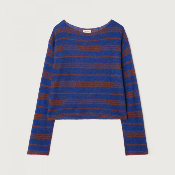 AMERICAN VINTAGE Bodyrow Stripe Boat Neck Jumper in Pecan/Blue Melange