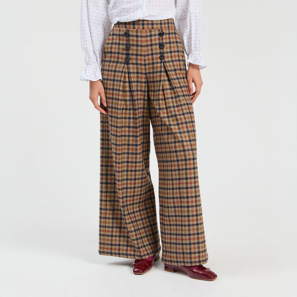 VILAGALLO Maya Wide Check Trousers in Brown