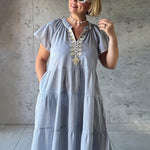 ROSE AND ROSE Camelia Striped Long Dress in White/Blue