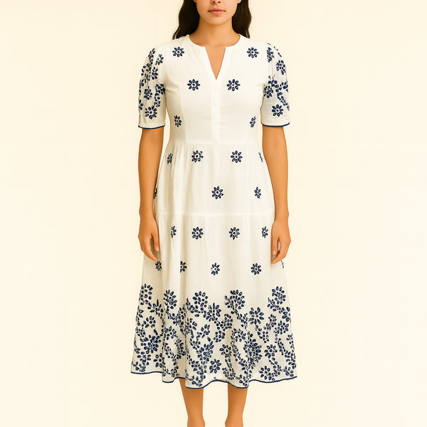 HANDPRINT DREAM APPAREL Ammos Broderie Anglaise Dress in White/Navy