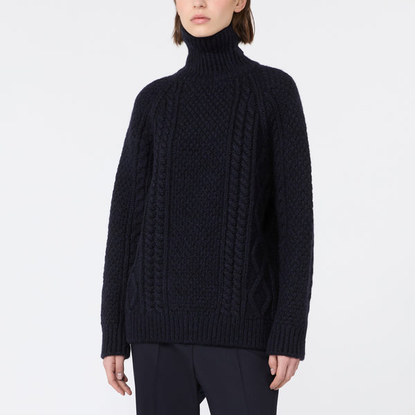 WEEKEND MAX MARA WKSSarong Wool Yarn Turtleneck Aran Jumper in Navy
