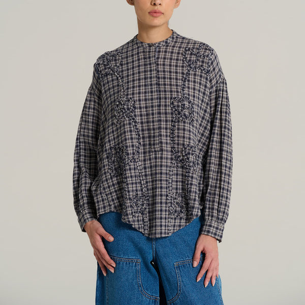 V DE VINSTER Pablo Embellished Stripe Shirt in Tartan Blue