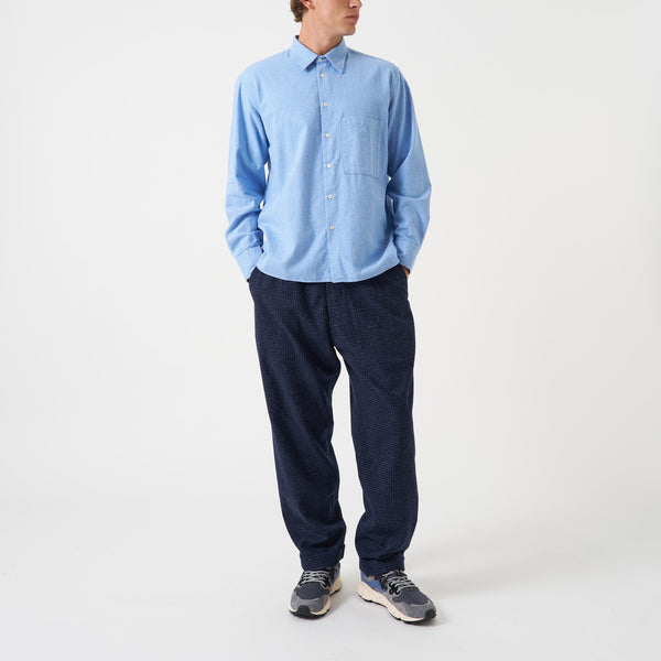 UNIVERSAL WORKS Square Pocket Brushed Flannel Shirt in Blue