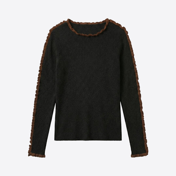 VILAGALLO Frill Rib Jumper in Brown/Black