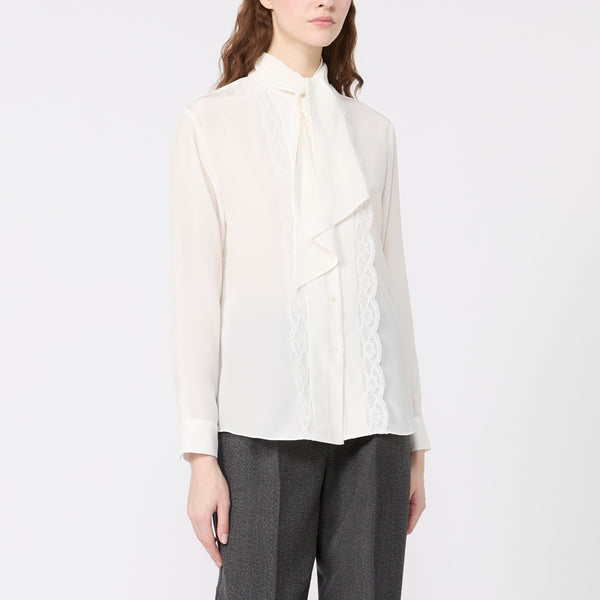 WEEKEND MAX MARA Inserimento - WKILegume Lace Trim Shirt with Detachable Sash Tie in Optical White
